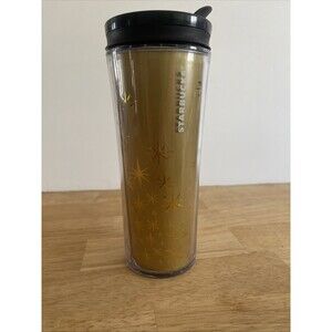 Starbucks 2011 Travel Tumbler Mug 12 oz Starburst Metallic Gold Star Flip Top